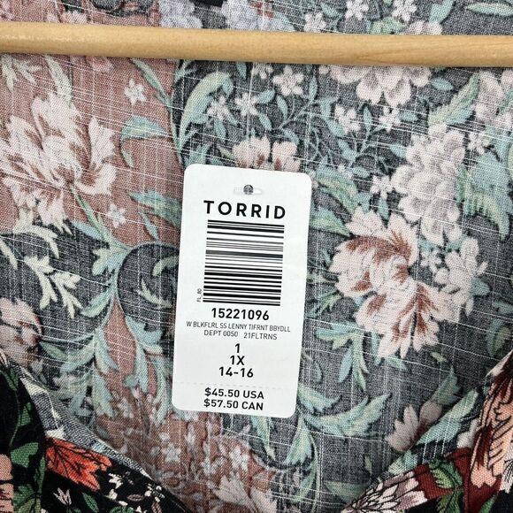 Torrid Top Size 1 Womens Black Red Lenny Floral Babydoll Blouse Boho Slub Tie - Picture 4 of 8